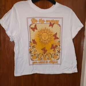 Vibe n’ White Graphic Tee with Sun and Butterfly Design